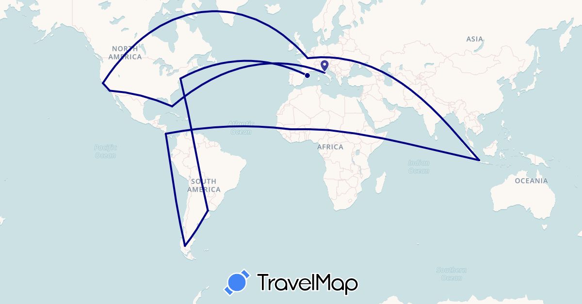 TravelMap itinerary: driving in Argentina, Costa Rica, Spain, France, Indonesia, Italy, Mali, Chad, United States (Africa, Asia, Europe, North America, South America)